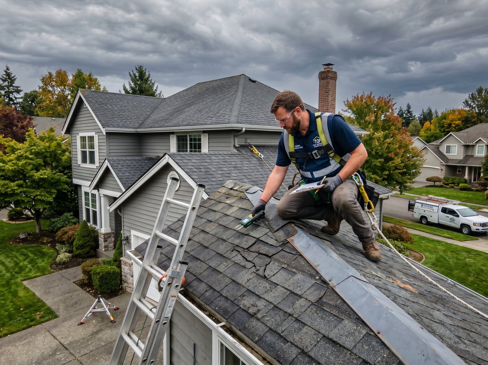 Roofing specialist inspecting home roof
